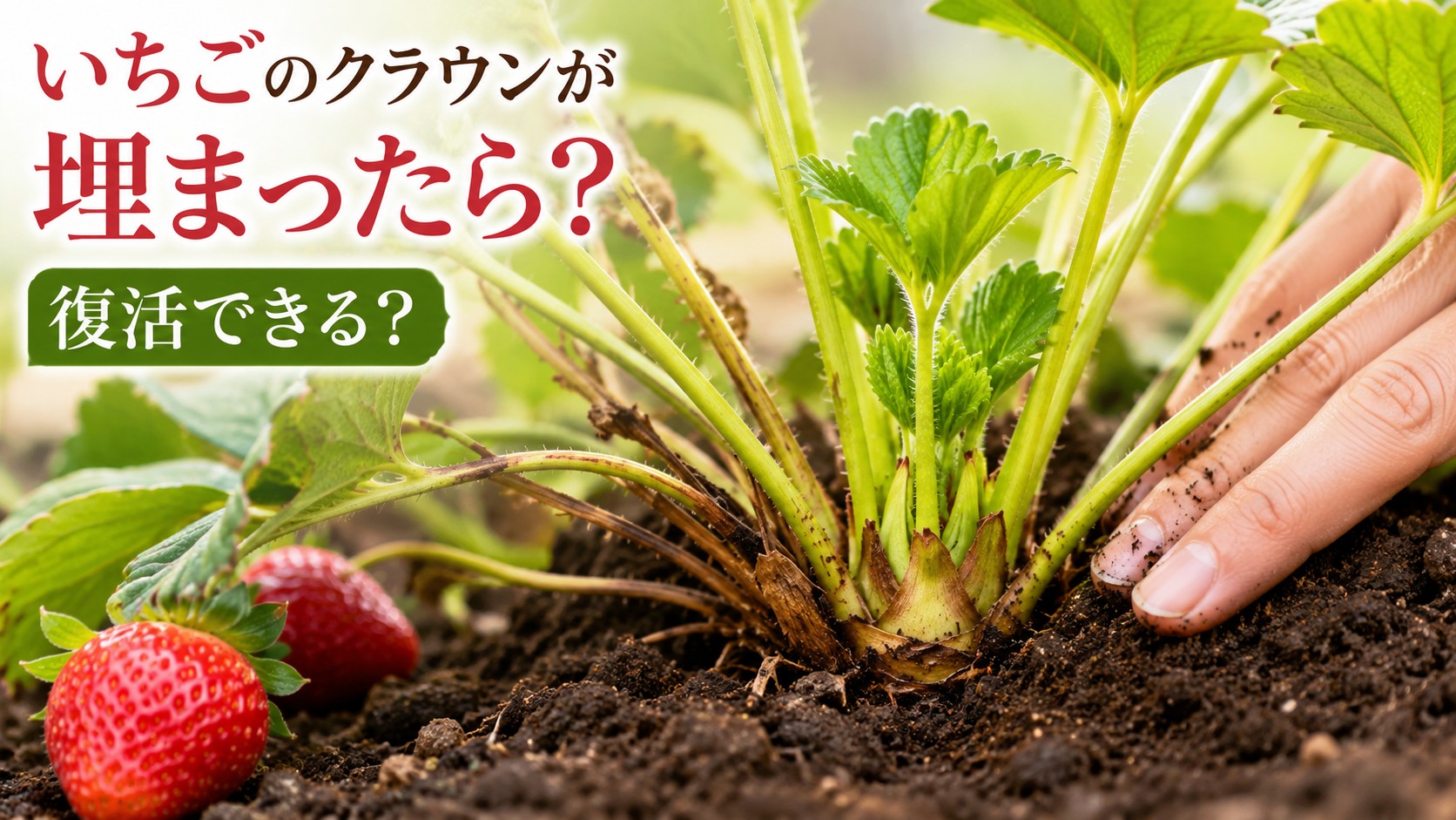 いちごのクラウンが土に埋まった状態と、土を取り除いて復活させる様子