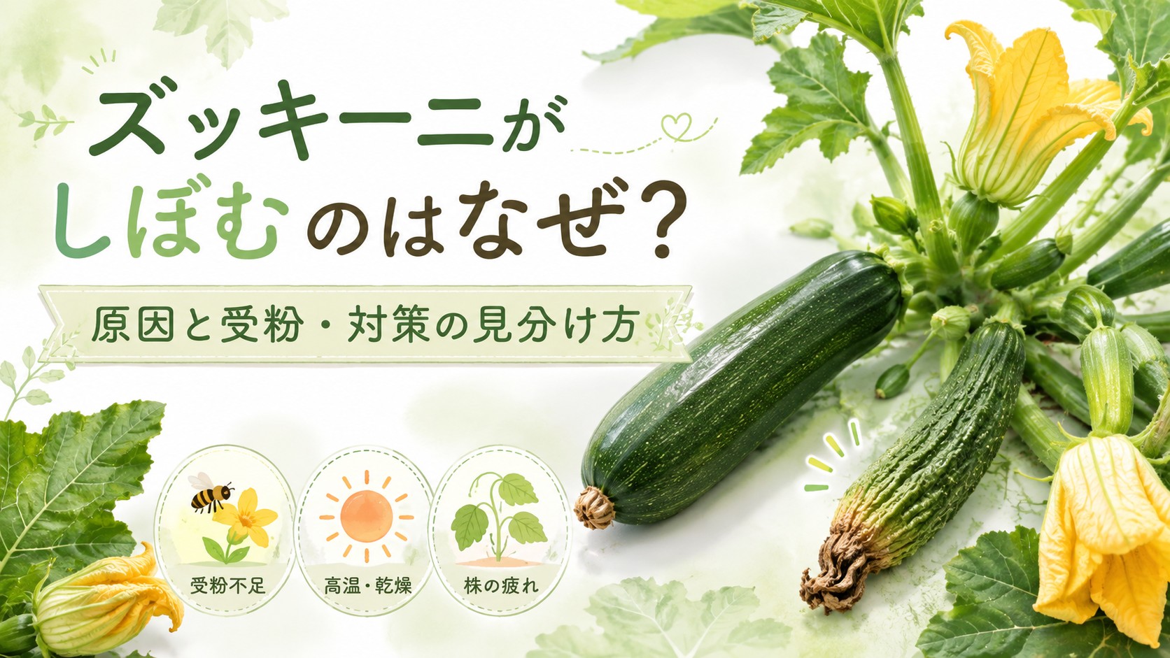 ズッキーニがしぼむ原因と受粉・対策の見分け方を解説するアイキャッチ画像